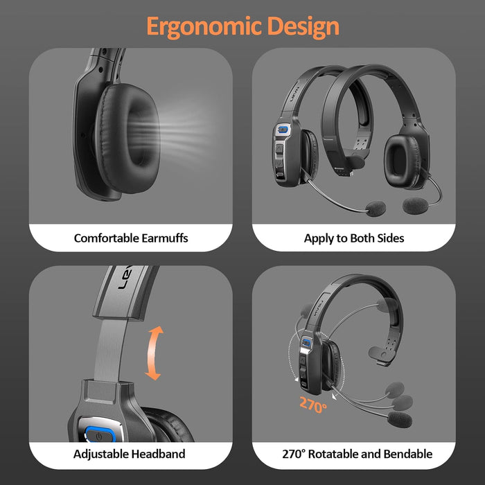 Bluetooth Headset with Microphone, Trucker Bluetooth Headset with AI Noise Cancelling & Mute Button, Wireless On-Ear Headphones 60 Hrs Working Time, for Trucker Home Office Remote Work Zoom