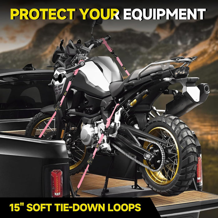 Ultimate Heavy-Duty 4-Piece Pink Ratchet Tie Down Straps Kit - 2400Lb Break Strength, 1" x 16FT with Soft Loops & Safety S Hooks for Securely Transporting Trucks, Motorcycles, and More!