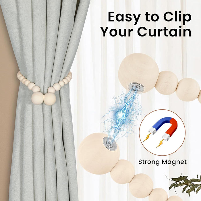 Magnetic Curtain Tiebacks, Curtain Tie Backs for Curtains 2 Pack, Wood Bead Curtain Tiebacks, Curtain Holders for Boho Bedroom Decor, Baby Nursery Decor, Farmhouse Decor