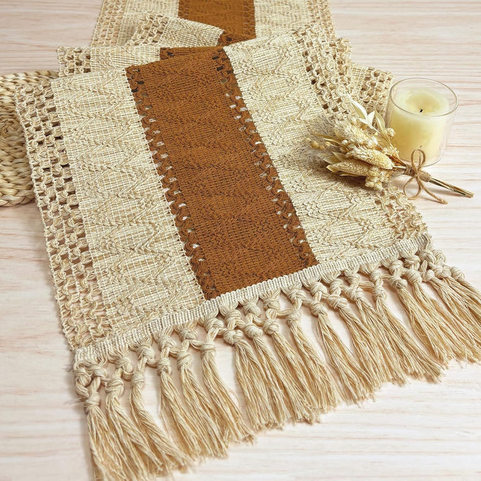 Boho Table Runner for Summer Home Decor with Tassels 72 Inches Long Farmhouse Rustic Table Runner Macrame Burlap Table Decoration for Living Room Bridal Shower(12X72 Inches)