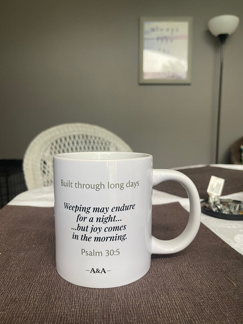 Durrett Recovery Tow Truck Night Shift Mug with Psalm 30:5 text, featuring a tow truck illustration on a ceramic mug.