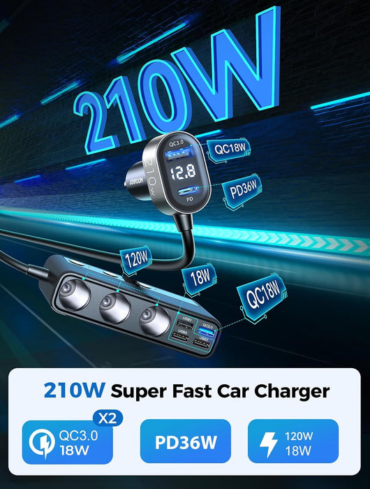 9 in 1 Cigarette Lighter Splitter,  210W Cigarette Lighter Adapter with PD/QC 3.0 * 2 Charge(3.3Ft Cable), 12V/24V Independent Switches DC Cigarette Outlet Car Charger for All Car Devices
