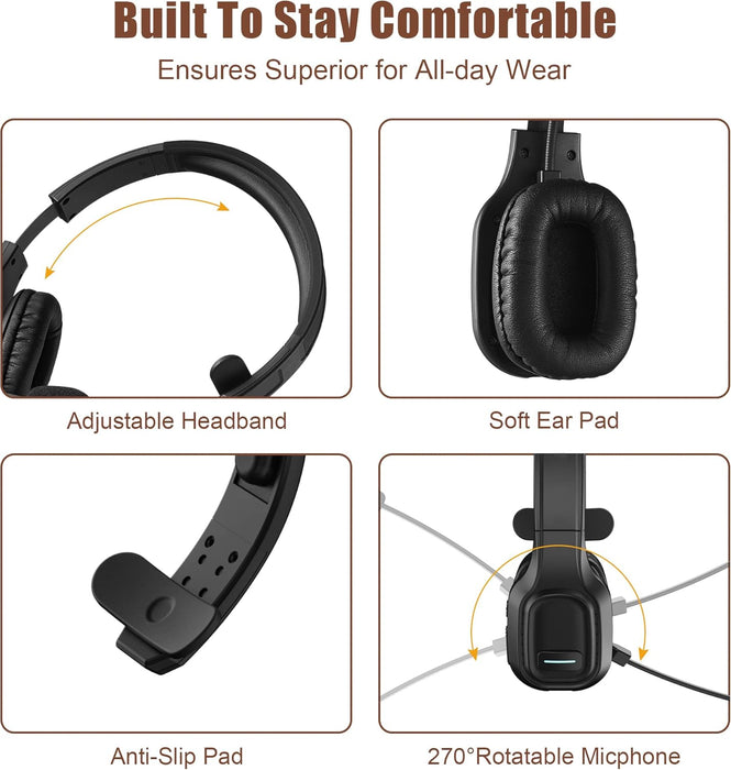 Trucker Bluetooth Headset V5.0, Wireless Headset with Noise Canceling&Mute Microphone for Cell Phones, on Ear Bluetooth Headphone for Computer, Zoom Meetings, Skype, Home Office