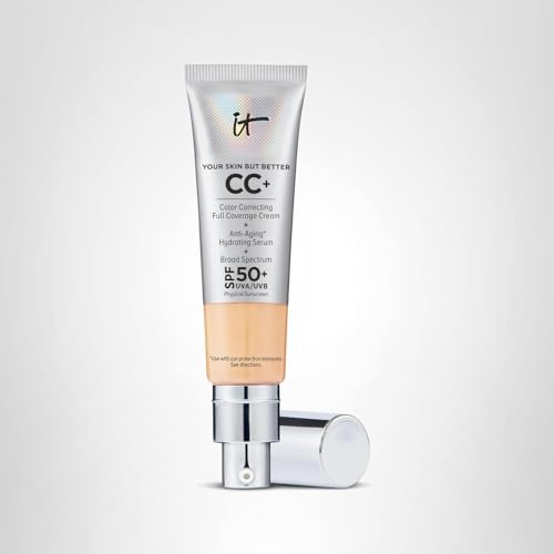 IT Cosmetics CC+ Cream in Medium with SPF 50+, showing a sleek tube of full-coverage foundation with hydrating serum and peptides.