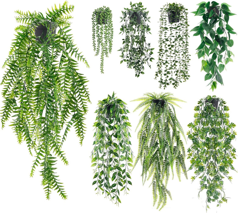 4Pcs Fake Plants Hanging Artificial Ivy Vine Faux Eucalyptus Hanging Plants, Boston Fern, String of Pearls for Living Room Bedroom Boho Wall Shelf Indoor Outdoor Decor