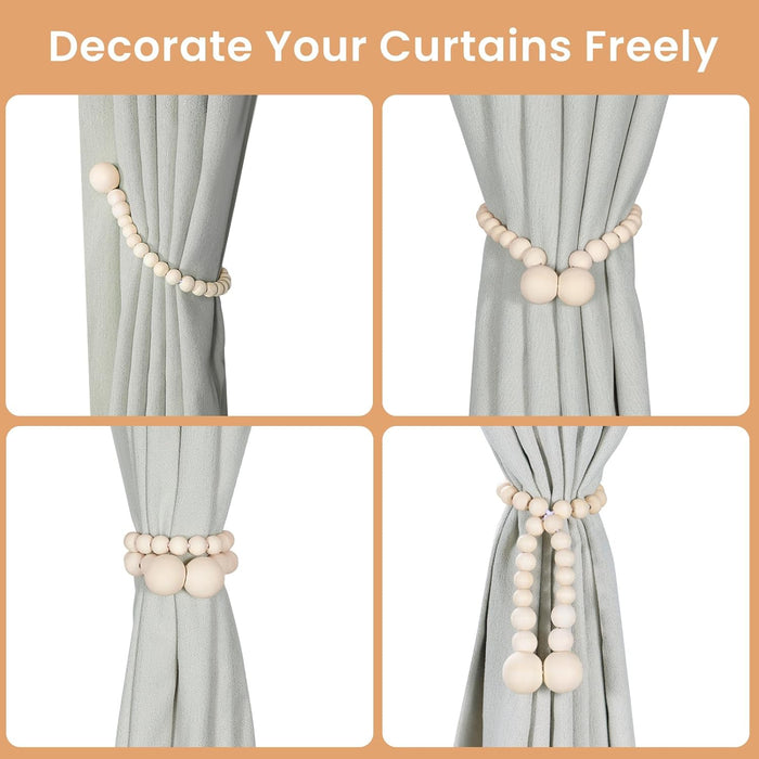 Magnetic Curtain Tiebacks, Curtain Tie Backs for Curtains 2 Pack, Wood Bead Curtain Tiebacks, Curtain Holders for Boho Bedroom Decor, Baby Nursery Decor, Farmhouse Decor