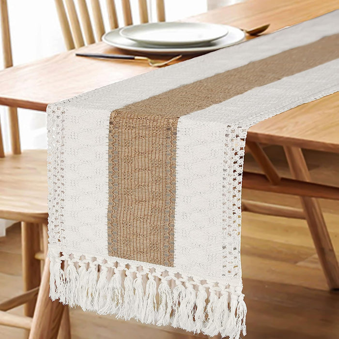Boho Table Runner for Summer Home Decor with Tassels 72 Inches Long Farmhouse Rustic Table Runner Macrame Burlap Table Decoration for Living Room Bridal Shower(12X72 Inches)