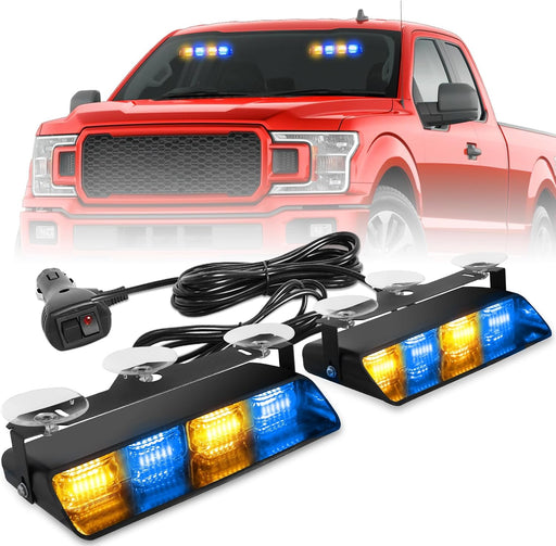 2002L Emergency Dash Strobe Lights: Amber White Safety Lights, Flashing Warning Hazard Windshield Visor Traffic Light Bars for Trucks, Construction Vehicles (2X8.5 Inch, 48LED)