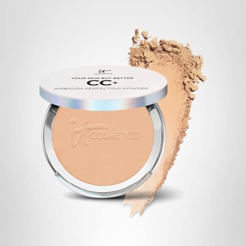 IT Cosmetics CC+ Airbrush Perfecting Powder Foundation in Medium Tan, pressed powder with blurring and anti-aging properties