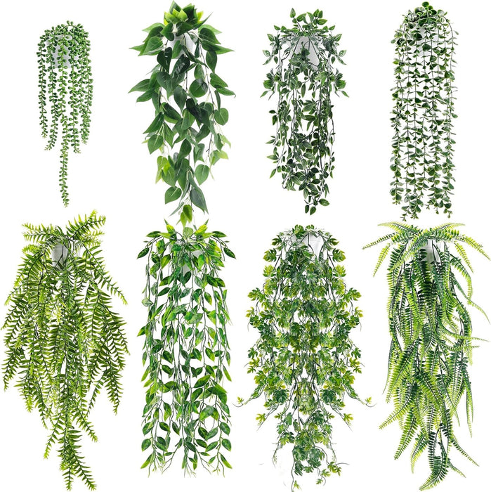 4Pcs Fake Plants Hanging Artificial Ivy Vine Faux Eucalyptus Hanging Plants, Boston Fern, String of Pearls for Living Room Bedroom Boho Wall Shelf Indoor Outdoor Decor