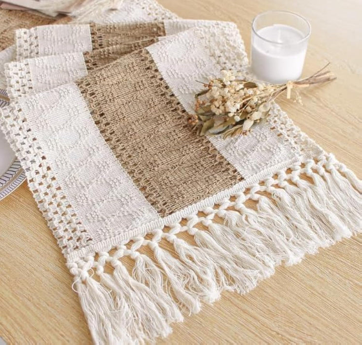 Boho Table Runner for Summer Home Decor with Tassels 72 Inches Long Farmhouse Rustic Table Runner Macrame Burlap Table Decoration for Living Room Bridal Shower(12X72 Inches)