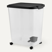 Amazon Basics pet food storage container with rolling wheels, BPA-free, 50lbs capacity and detachable scoop for easy use.