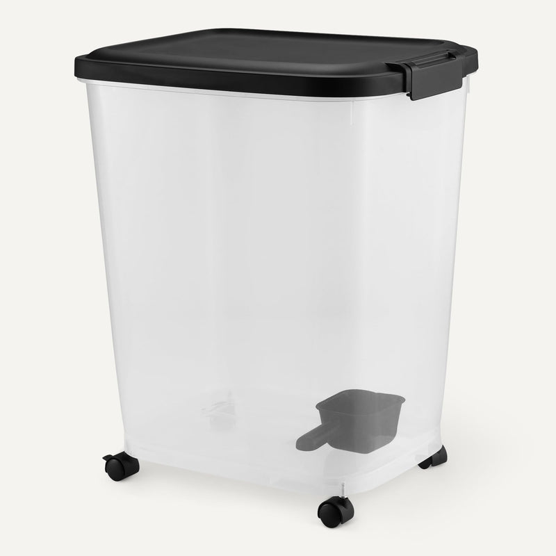 Amazon Basics pet food storage container with rolling wheels, BPA-free, 50lbs capacity and detachable scoop for easy use.