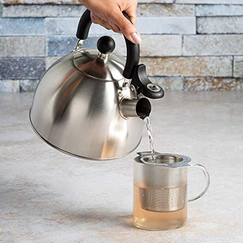 Primula Stewart Whistling Stovetop Tea Kettle Food Grade Stainless Steel, Hot Water Fast to Boil, Cool Touch Folding, 1.5-Quart, Brushed with Black Handle - Durrett Recovery