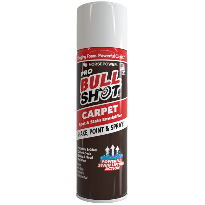Horsepower Bull Shot Carpet Spot & Stain Remover spray bottle with foam-action for removing coffee, wine, grease, and old stains.