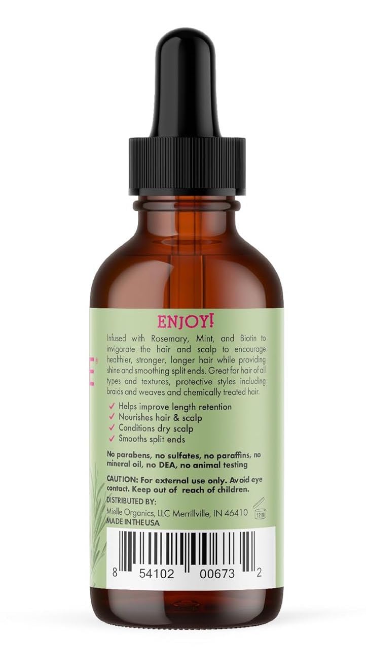 Mielle Organics Rosemary & Mint Hair Oil bottle with applicator, designed for strengthening, frizzy, damaged hair, and dry scalp care.