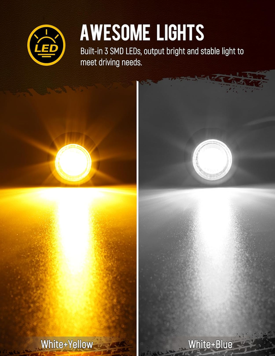 2Pcs Dual Color 3/4" round LED Marker Light Amber to White Auxiliary Light Side Marker Clearance Light Turn Signal Running Lights with Bullet Plug for Trailer Truck Pickup Camper RV