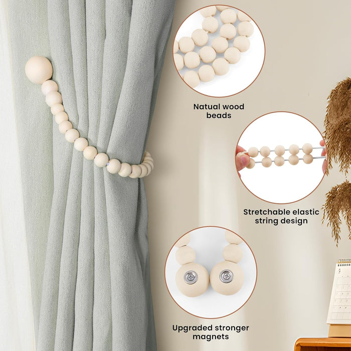 Magnetic Curtain Tiebacks, Curtain Tie Backs for Curtains 2 Pack, Wood Bead Curtain Tiebacks, Curtain Holders for Boho Bedroom Decor, Baby Nursery Decor, Farmhouse Decor