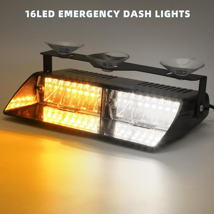 Amber/White LED Dash Emergency Strobe Light for Trucks Vehicles, 16 Leds 12V Interior Windshield Visor Deck Hazard Flashing Safety Warning Lights Bar for Police Firefighter Law Enforcement