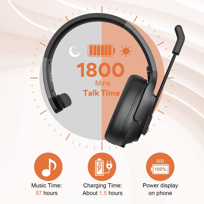 Noise Cancelling Trucker Bluetooth Headset with Microphone Wireless Ai-Powered ENC Headphones, 99Ft Long Range, 30H of Talk Time, All-Day Comfort on Ear Headsets Mute Button
