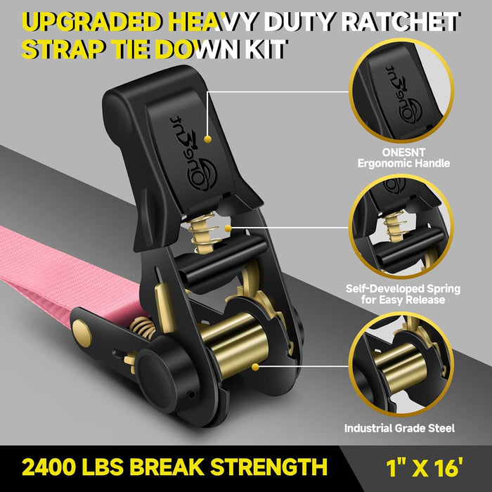 Ultimate Heavy-Duty 4-Piece Pink Ratchet Tie Down Straps Kit - 2400Lb Break Strength, 1" x 16FT with Soft Loops & Safety S Hooks for Securely Transporting Trucks, Motorcycles, and More!