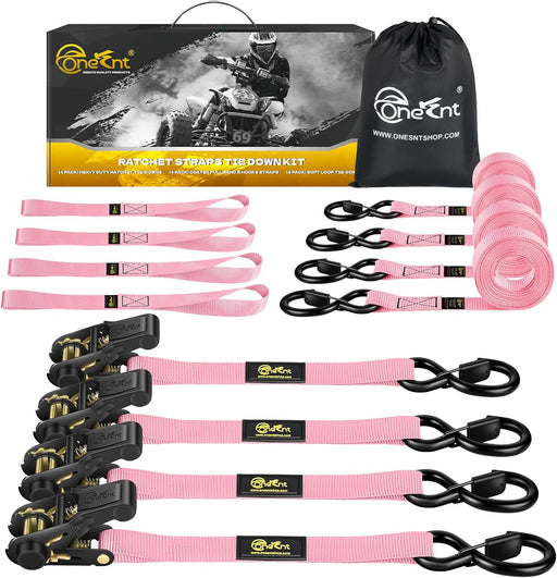 Ultimate Heavy-Duty 4-Piece Pink Ratchet Tie Down Straps Kit - 2400Lb Break Strength, 1" x 16FT with Soft Loops & Safety S Hooks for Securely Transporting Trucks, Motorcycles, and More!