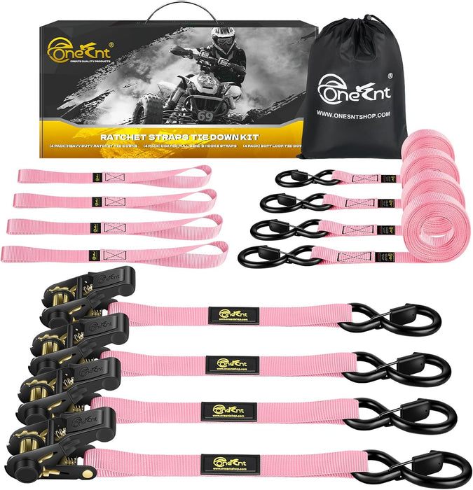 Ultimate Heavy-Duty 4-Piece Pink Ratchet Tie Down Straps Kit - 2400Lb Break Strength, 1" x 16FT with Soft Loops & Safety S Hooks for Securely Transporting Trucks, Motorcycles, and More!