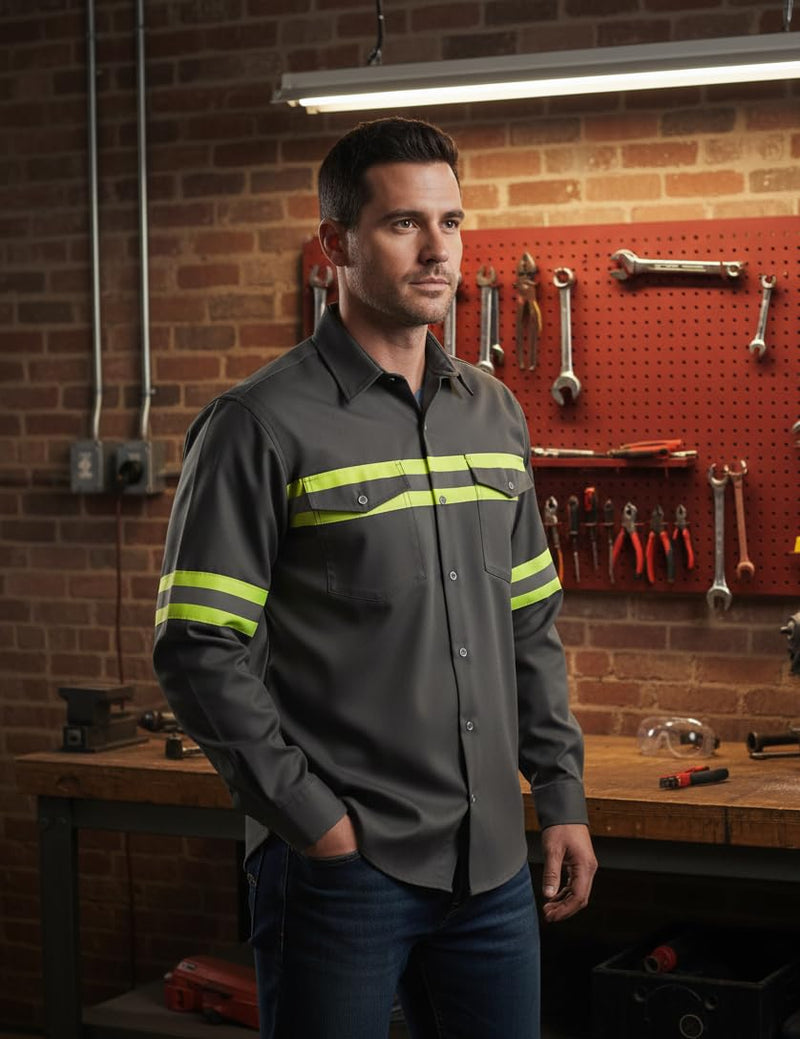 Premium High Visibility Hi Vis Reflective Safety Work Shirts - Long Sleeve (Small, Dark Grey)