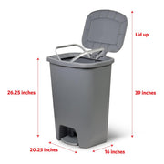 Grey Glad 20-gallon kitchen trash can with lid, foot pedal, odor protection, and garbage bag rings, designed for hands-free use.