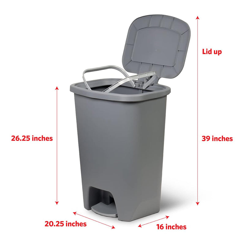 Grey Glad 20-gallon kitchen trash can with lid, foot pedal, odor protection, and garbage bag rings, designed for hands-free use.