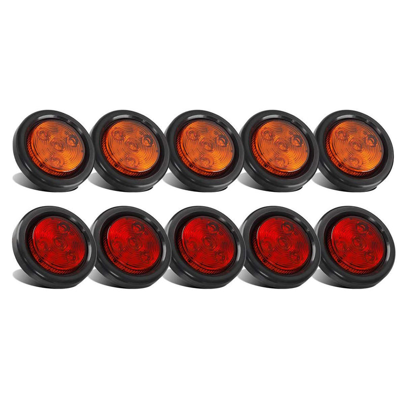 Partsam 10-pack round LED trailer marker lights, 2-inch amber and red sealed clearance lights with reflex lens for trucks and RVs.