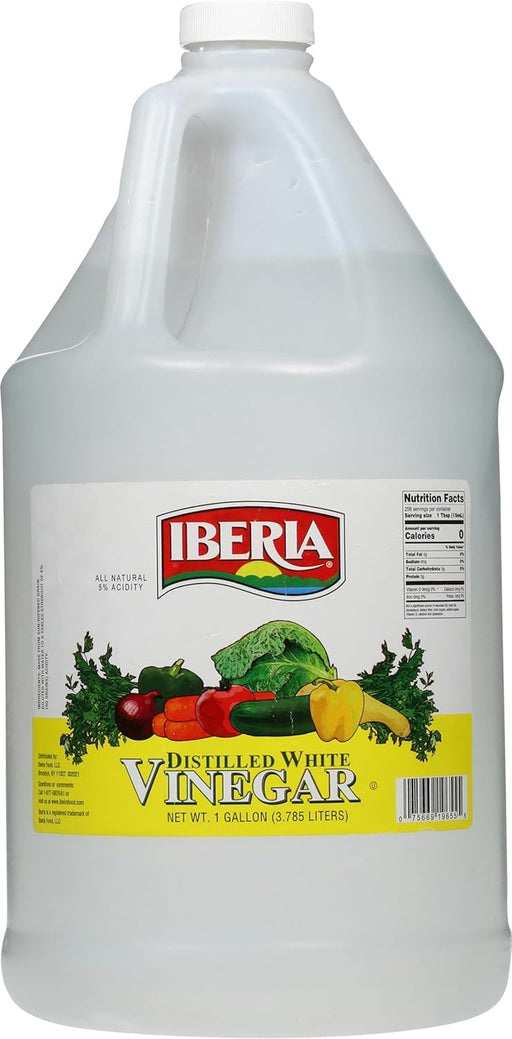Iberia all-natural distilled white vinegar gallon jug with 5% acidity, clear liquid in a large plastic container.