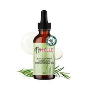 Mielle Organics Rosemary & Mint Hair Oil bottle with dropper, designed to strengthen and nourish frizzy, damaged hair and dry scalp.