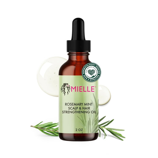 Mielle Organics Rosemary & Mint Hair Oil bottle with dropper, designed to strengthen and nourish frizzy, damaged hair and dry scalp.