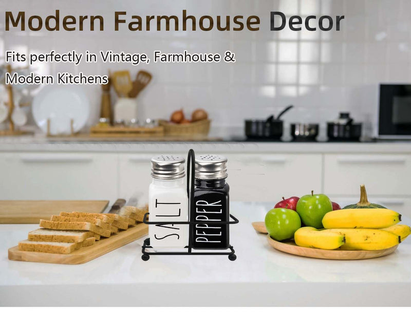 Black & White Glass Salt And Pepper Shakers Set With Stainless Steel Lid,Farmhouse Decor for Kitchen,Kitchen Gadgets for Thanksgiving,Cute Salt Shaker With Mental Holder,No Rubbing Off(BLACK & WHITE) - Durrett Recovery