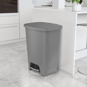 Glad large grey plastic kitchen trash can with lid, foot pedal, odor protection, and garbage bag rings, 20-gallon capacity.