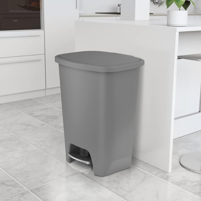Glad large grey plastic kitchen trash can with lid, foot pedal, odor protection, and garbage bag rings, 20-gallon capacity.