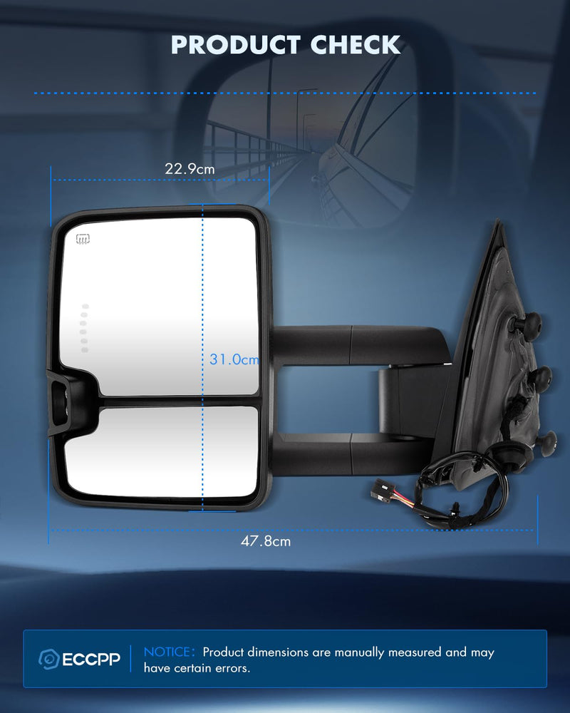ECCPP tow mirrors for Chevy and GMC 1500, 2500 HD, 3500 HD; power-adjusted, heated, with turn signal, black housing, left and right side
