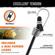 HORUSDY 28-piece set of bungee cords with hooks in various lengths including 10, 18, 24, 36, and 48 inches for versatile use.