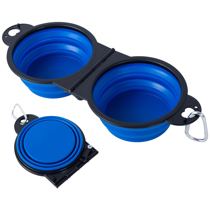 SLSON Collapsible Dog Dual Bowls Reinforced Rim 180 Degrees Flip Over Foldable Double Bowl with Lock Clips More Stable Dog Travel Bowls Pet Food Water Feeder (Blue)