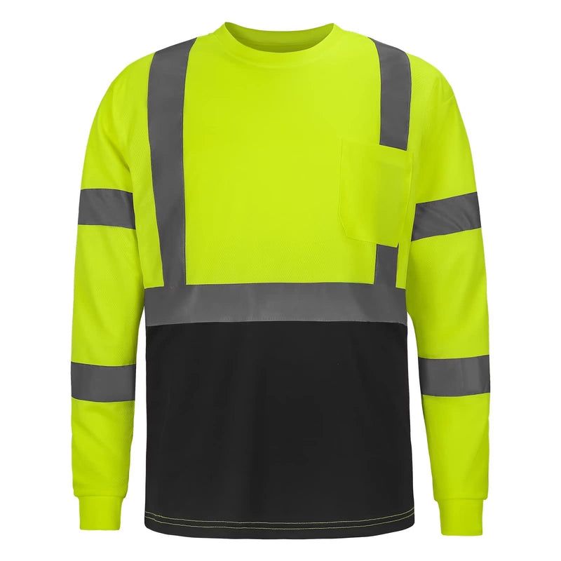 DPSAFETY High Visibility Class 3 T Shirts，Hi Vis Safety Shirts with Reflective Strips and Pocket, Long Sleeve Quick Dry Mesh Construction Work Shirt for Men/Women Black Bottom Lime，XL