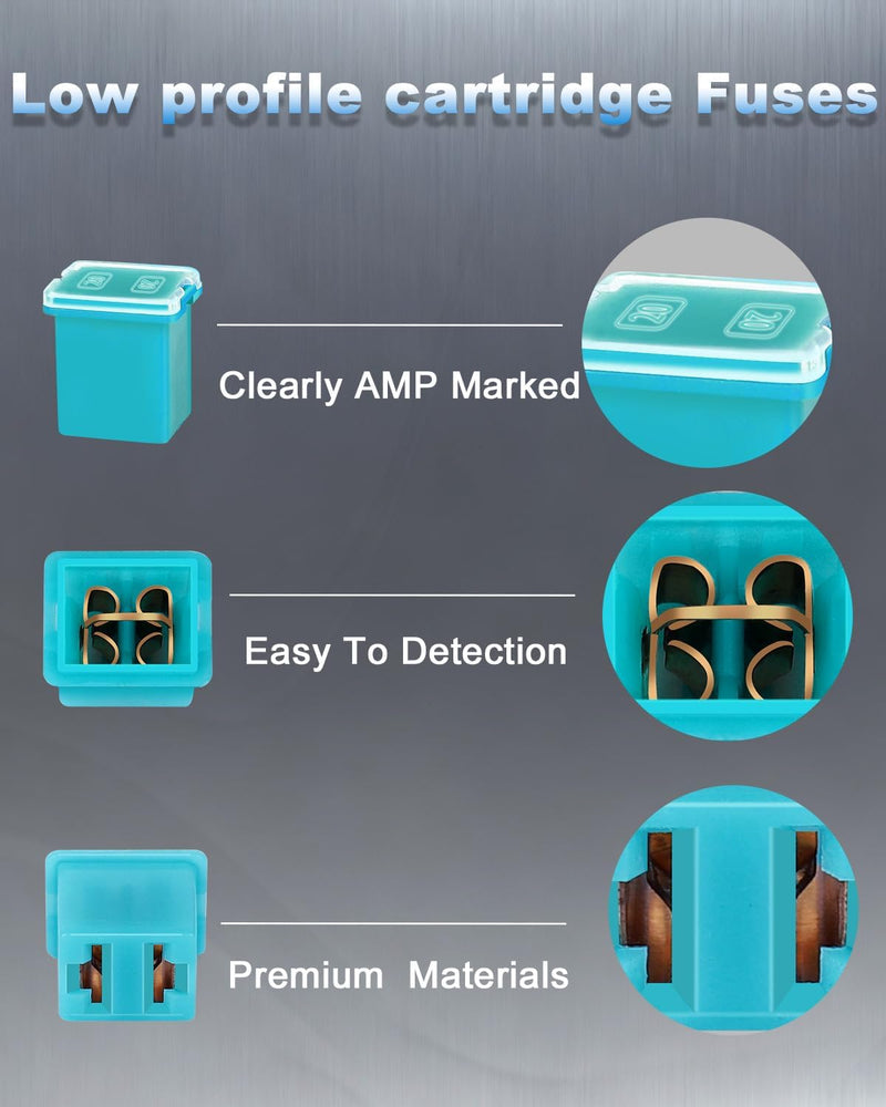 Riseuvo 40 Pcs Car Cartridge Fuses - Automotive Jcase Fuses Assortment Kit Low Profile and Tall/Standard Box Shaped Fuses 20A 30A 40A 50A 60A for RV, SUV, Cars, Boats