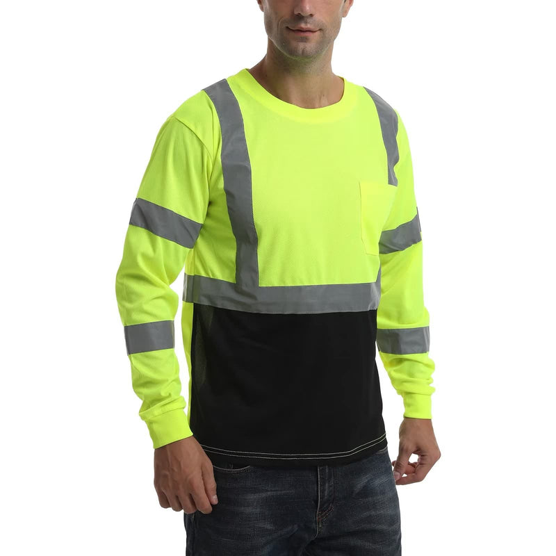 DPSAFETY High Visibility Class 3 T Shirts，Hi Vis Safety Shirts with Reflective Strips and Pocket, Long Sleeve Quick Dry Mesh Construction Work Shirt for Men/Women Black Bottom Lime，XL