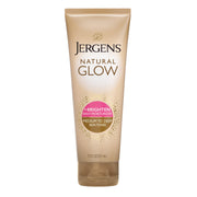 Jergens Natural Glow self-tanner moisturizer with coconut oil and vitamin E, for medium to deep skin, 7.5 oz bottle.