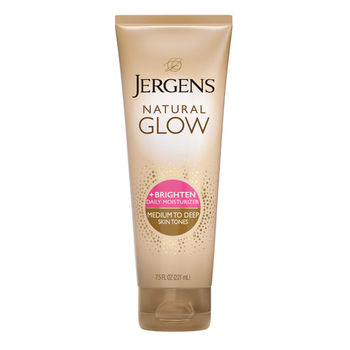 Jergens Natural Glow self-tanner moisturizer with coconut oil and vitamin E, for medium to deep skin, 7.5 oz bottle.