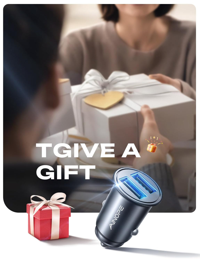 AINOPE Car Charger Adapter【Smallest Metal】 4.8A Cigarette Lighter USB Car Charger Adapter Dual Port 12V USB Outlet Flush Fit for iPhone 16 Pro Max/15/14 iPad Air Samsung Galaxy S25 S24 Ultra,Black