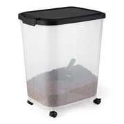 Amazon Basics pet food storage container with rolling wheels, BPA-free, detachable scoop, 50lb capacity, suitable for storing pet food.