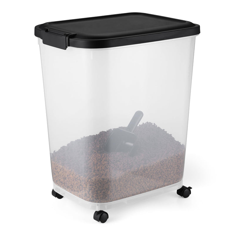 Amazon Basics pet food storage container with rolling wheels, BPA-free, detachable scoop, 50lb capacity, suitable for storing pet food.