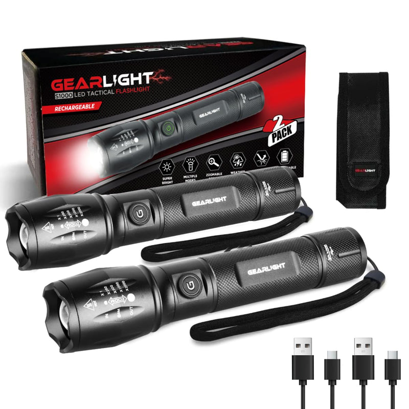 GearLight S1000 LED Tactical Flashlight - High Lumens, USB-C Fast Charging, Dual-Button, IPX4 Water-Resistant, Pocket-Sized for Camping & Emergencies with Batteries - 2 Pack, (Rechargeable)