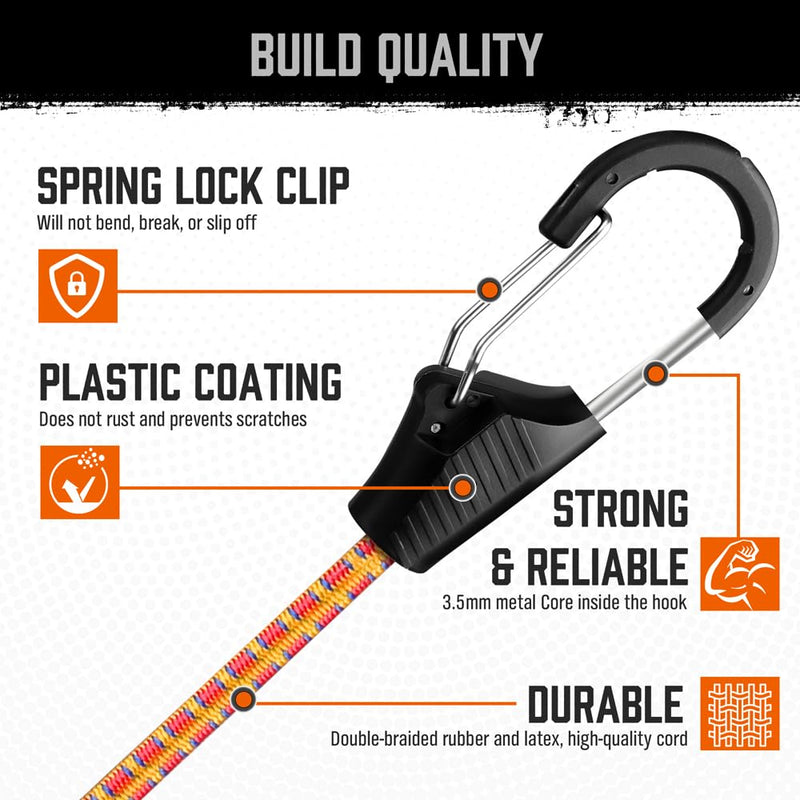 HORUSDY 28-piece bungee cords with hooks, includes 10, 18, 24, 36, and 48-inch sizes, versatile rubber cord assortment.